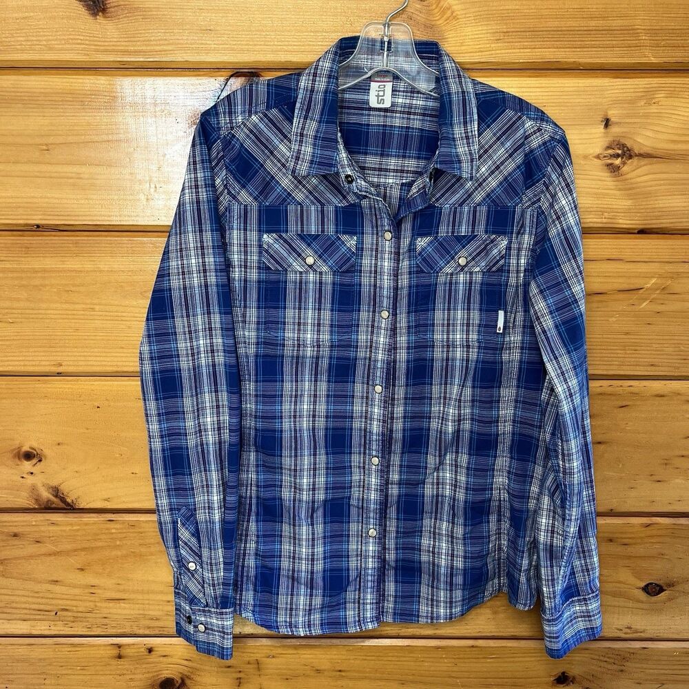 Stio Pearl Snap Eddy Shirt Womens Large Blue Red  Plaid Western Long Sleeve Top